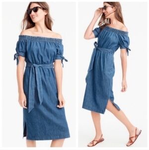 J.Crew off-the-shoulder chambray denim dress with a tie waist size 12